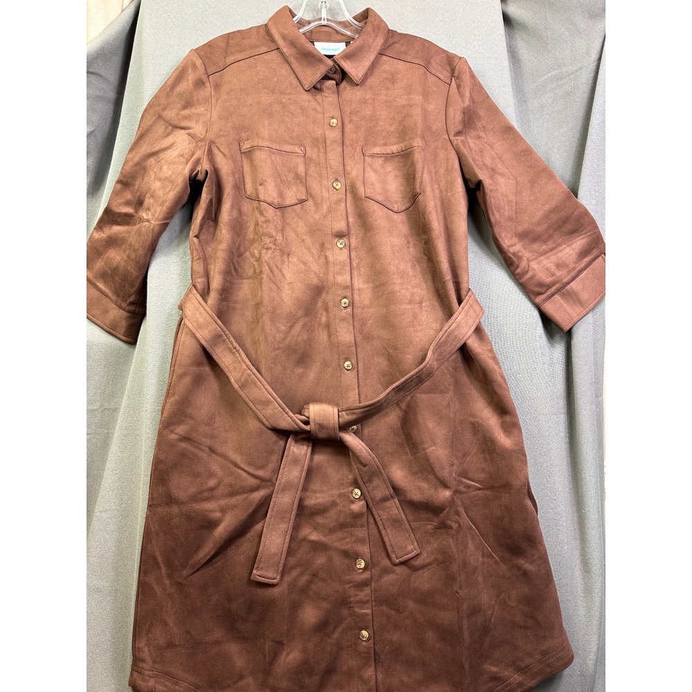 National Women Faux Suede Shirt Dress Dark Brown Button Front Belted Sz M New